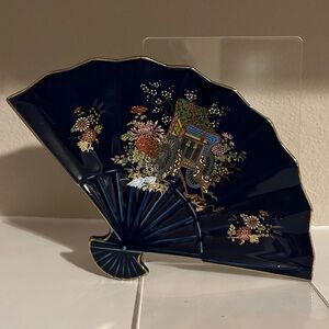 Fan Shaped Kutani Sauce Plate Cobalt Blue & Gold Japanese Cart Art Small Dish
